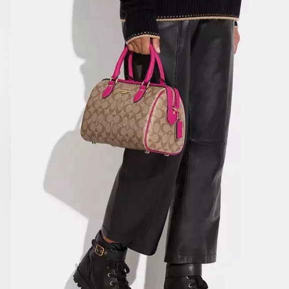 NWT COACH Rowan Satchel In Signature Canvas Khaki/Cerise(pink) Authentic - Picture 1 of 8